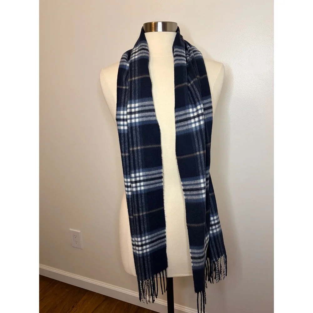 V. Fraas Cashmink Scarf Navy Blue Plaid Acrylic Made in Germany Fringe Soft Warm